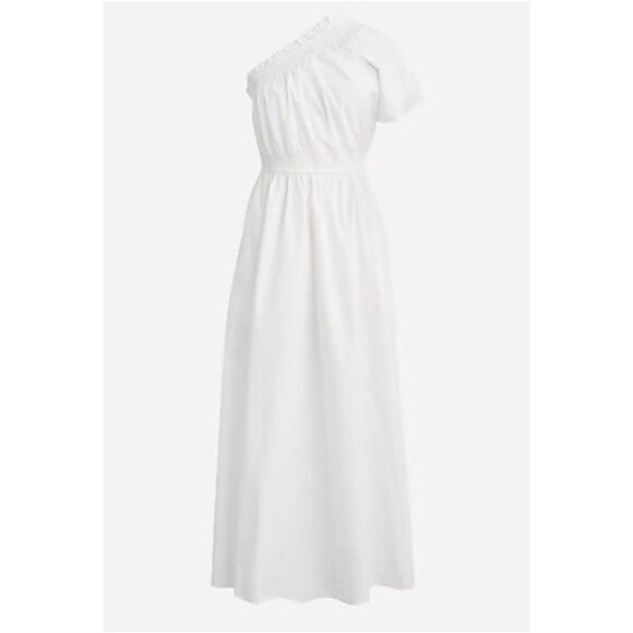 J Crew Smocked Cotton Poplin One-Shoulder Dress White XS Coastal Boho Resortwear - Picture 2 of 13